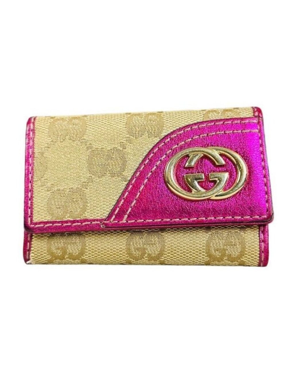 Gucci Beige/Metallic Magenta GG Canvas Key Pouch Wallet 6 Ring